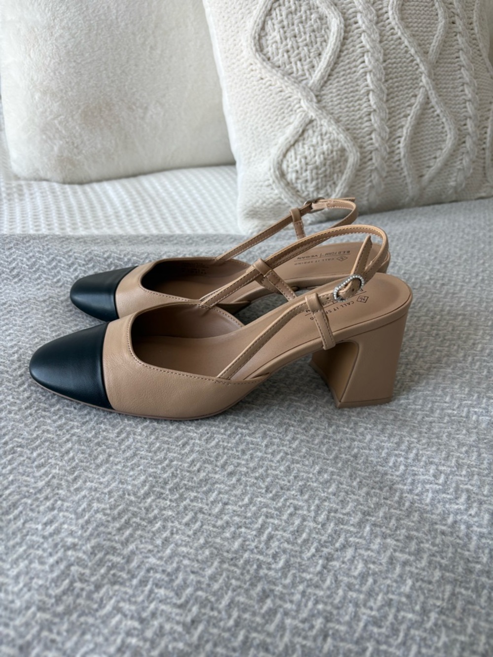 Call It Spring Two-Tone Beige and Black Block Heel Slingbacks
